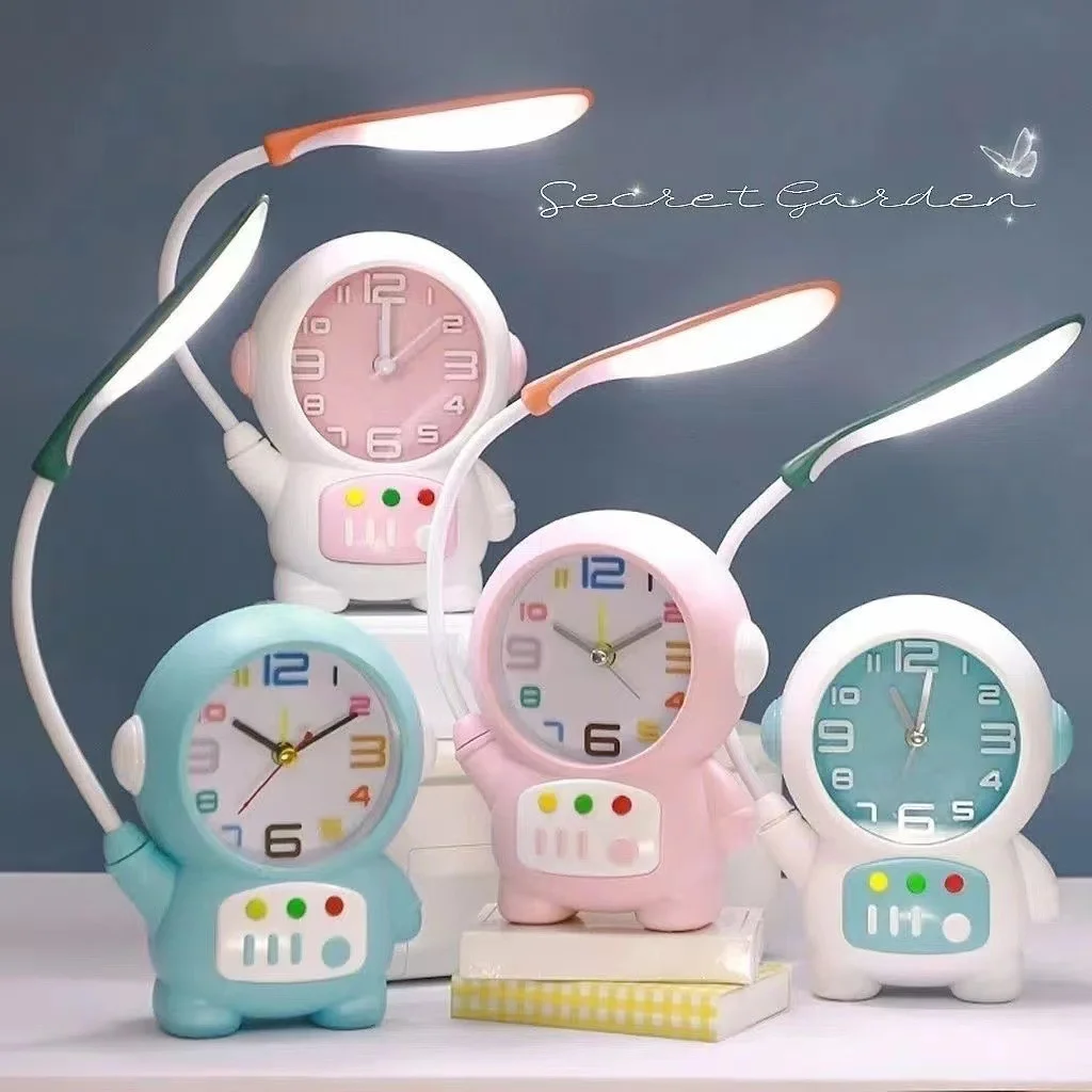 Cartoon Desk Lamp with Alarm Clock Eye Protection Night Light Desk Lamp Light Children Kids Reading Study Bedroom Living Room