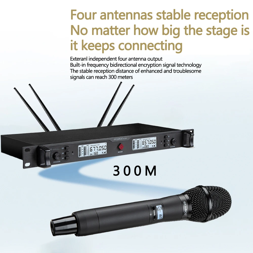 STABCL 2 Channel UHF Handheld Professional Stage Wireless Microphone True Diversity 300 Meter Double Mic Head Noise Cancelling