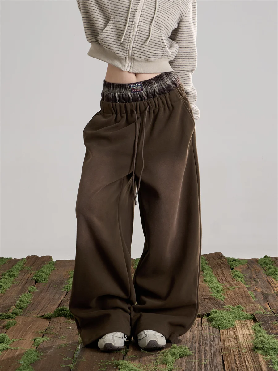 

Low Waist Wide Leg Pants Women's Coffee Color Belted Drapey Slimming Casual Floor Length Trousers American Retro Style Double...