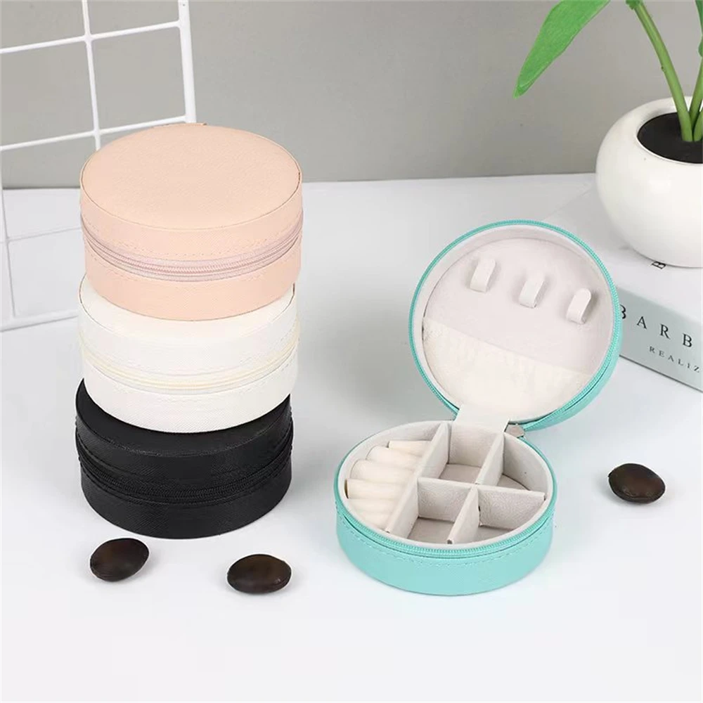 

1PC PU Leather Round Portable Mini Travel Earring Necklace Jewelry Case Organizer Box Travel