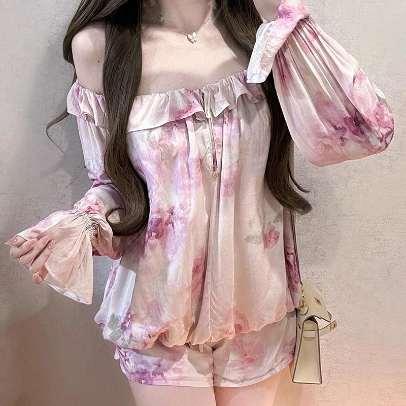 REDDACHiC Coquette Floral Top Shorts Machting Set One-shoulder Flowy Ruffle Blouse Drawstring Waist Shorts Pretty Women Clothes
