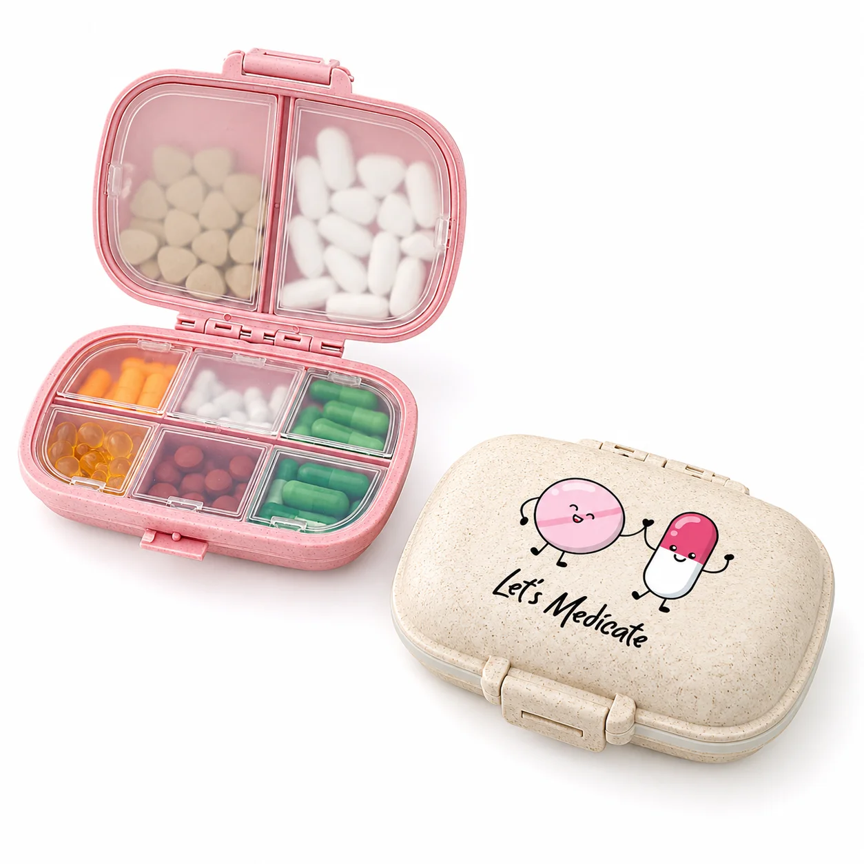 8-Compartment Portable Pill Organizer, Cute Wheat Straw Medicine Box for Women, Seniors, Travel & Daily Vitamins