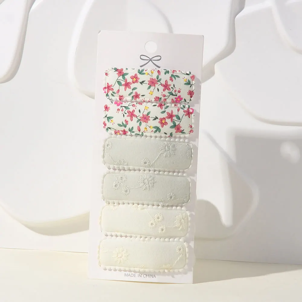 6PCS/Card Flower Print Cotton Alloy Hair Bow Snap Clips Set Fabric Plaid Bobby Hairpins Hairgrips Girls Kids Headwea