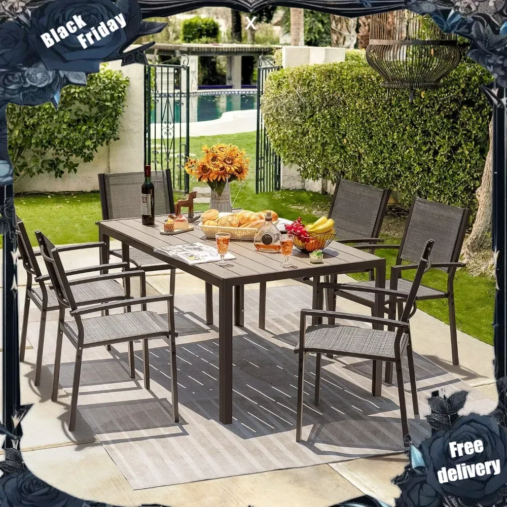 7 Pieces Patio Dining Set Outdoor Furniture with 6 Stackable Textilene Chairs and Large Table for Yard