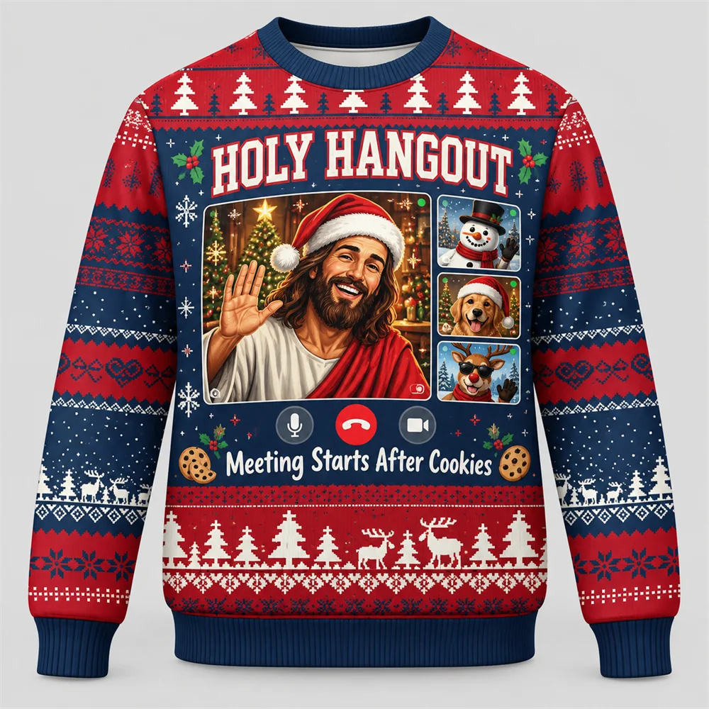 Retro Christmas Party Pullover Men with Funny DJ Jesus Jingle Remix 3D Print Crewneck Sweatshirt Long Sleeve Novelty Xmas Gift