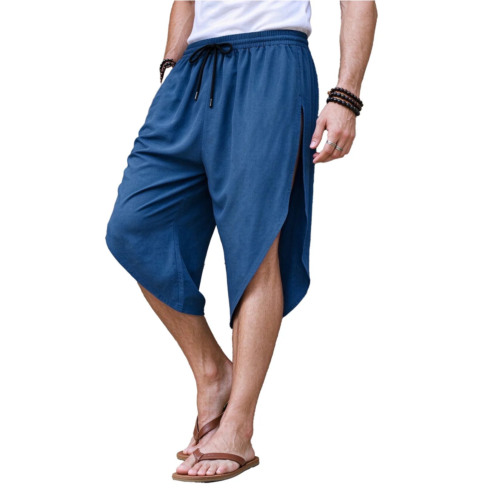 Men Asymmetrical Sides Split Shorts Drawstring Elastic Waistband Capri Pants for Home Fitness Workout Sports Daily Use Role Play