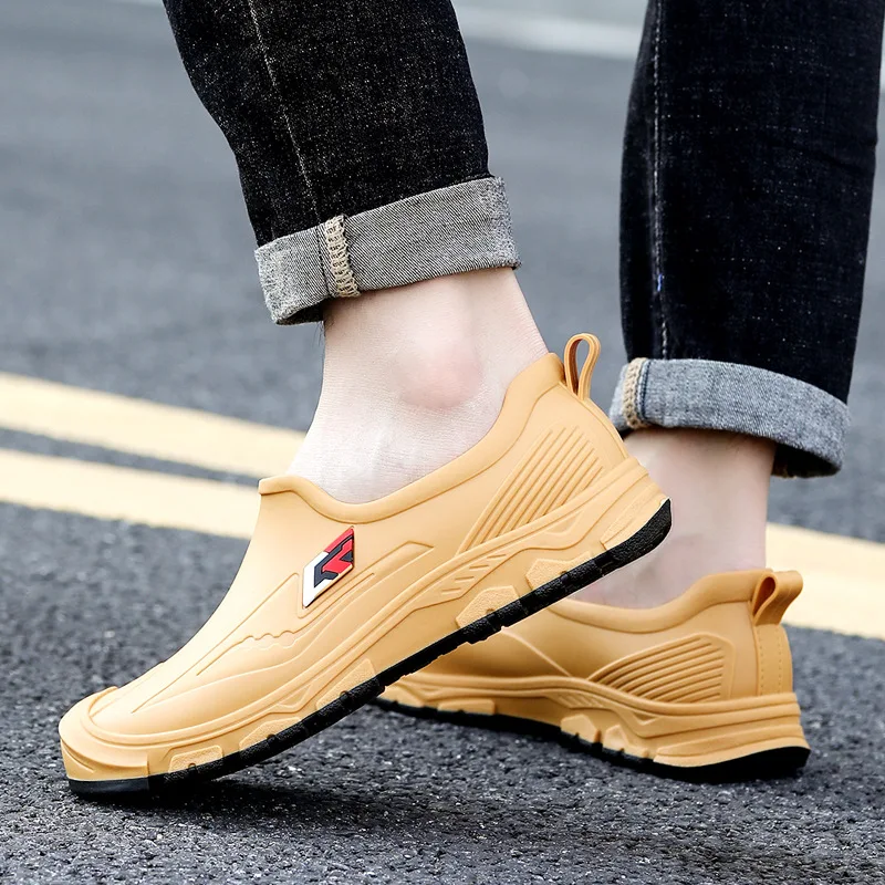 Mens Rubber Shoes Fashion Shallow Slip-on Flats Rain Shoes Waterproof Work Non-Slip Galoshes Husband Fishing Water Boot Footwear