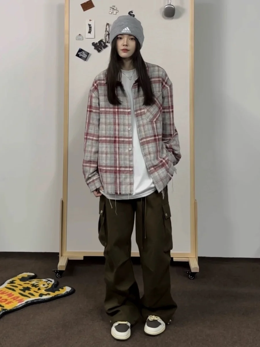 

Retro American Color Blo Plaid Frayed Hem irt Men's Loose Casual Versatile Worn Looking Spring Autumn Top Trendy Outerwear