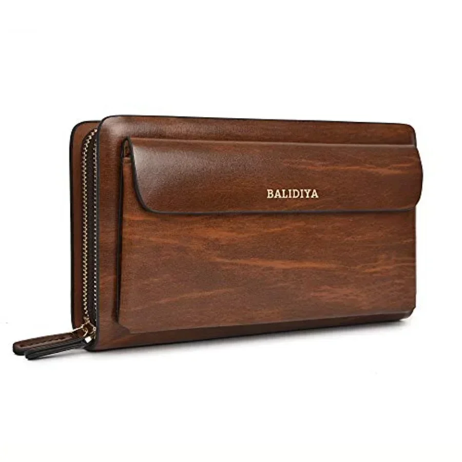 

Leather Men Clutch Bag Long Wallet Purse Card Holder Case Business Large Clutch with Double Zip Handbag
