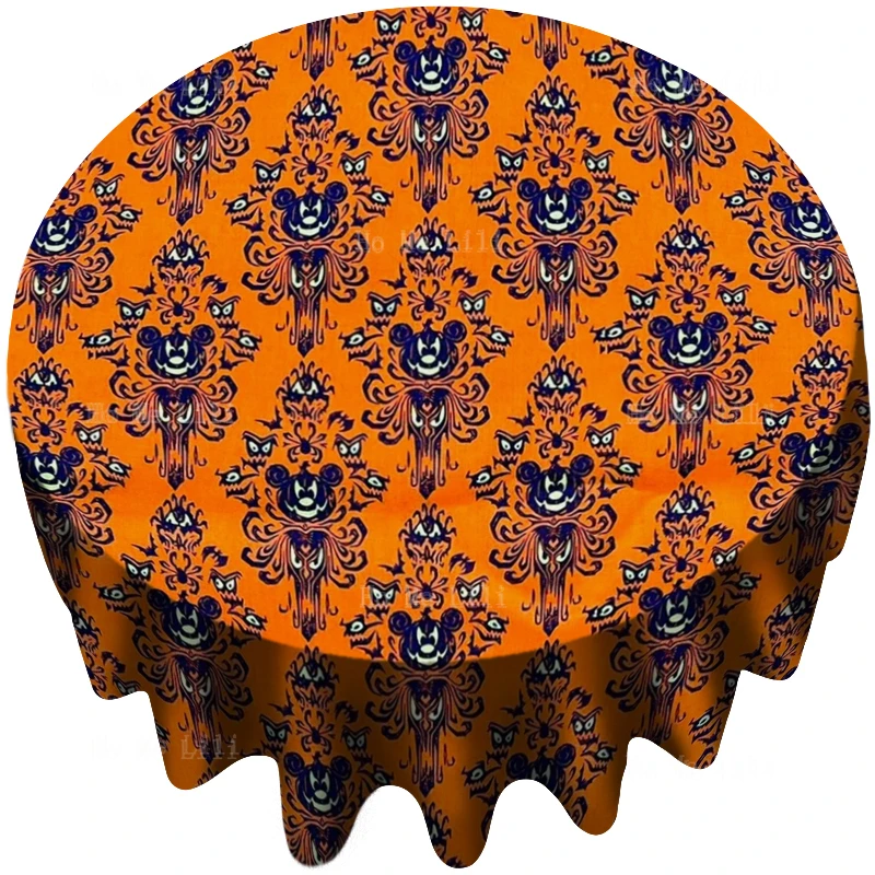 Seamless Skull And Bone Style Ghost Manor Halloween Haunted House Pattern Round Tablecloth Decorated The Kitchen