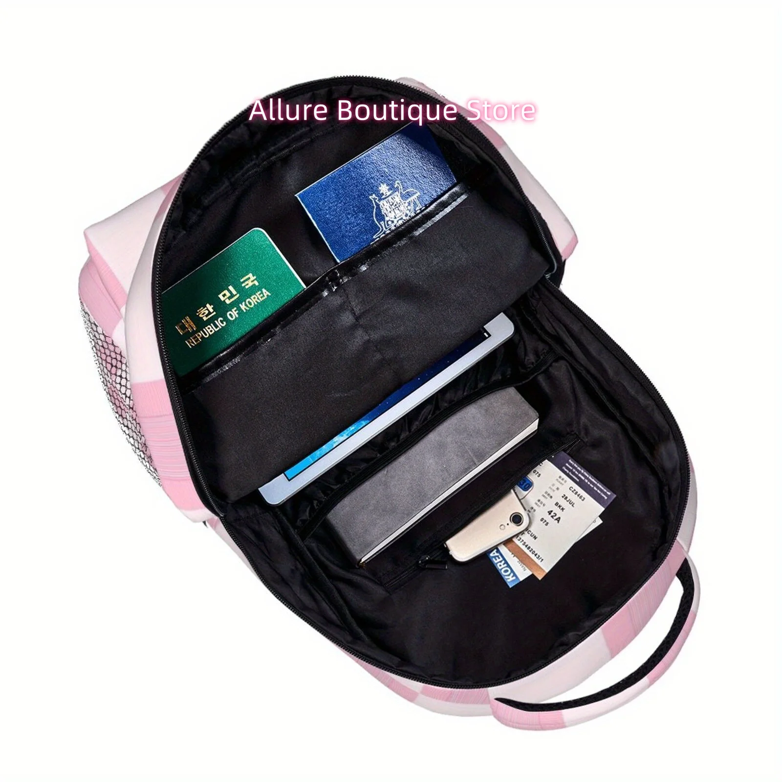 1pc Pink and White Checkerboard Theme Semi-Full Print Large Capacity, Double Mesh Pocket Backpack, Lightweight and Durable 14.5-