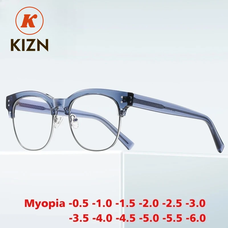 

KIZN Anti-Blue Light Myopia Glasses Big Frame Business Retro Photochromic Women Men Prescription Optics Eyewear -0.50 to -10
