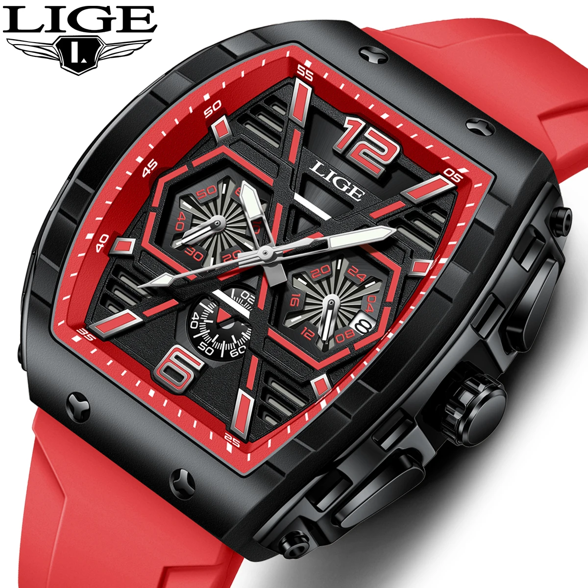 LIGE Top Brand Luxury Watches Mens Sports Waterproof Silicone Quartz Chronograph Watch for Men Luminous Square Man Watch Clock