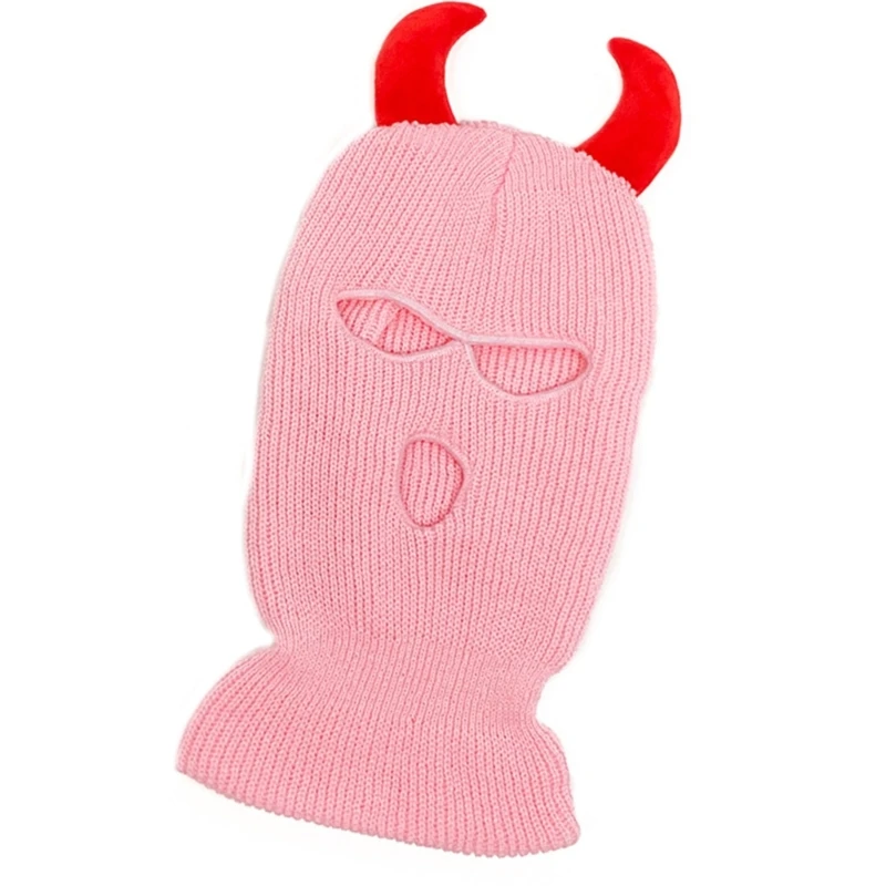 Handmade Balaclava Hat for Outdoor Knitted Pullover Caps Cosplay Devil Horn Hat Outdoor Activity Hiking Skiing Caps