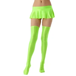 Sexy Womens Glossy Ruffled Mini Skirt Cover Ups with Thigh High 1 Pair Stockings Nightclub Rave Outfit Clubwear Ladies Clothing