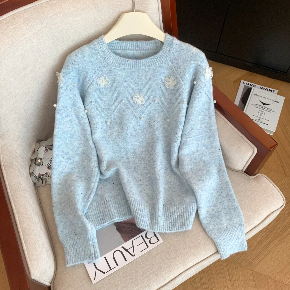 

Женский синий пуловер, свитер, винтажный джемпер Y2k, трикотаж, кашемировый свитер в корейском стиле с длинными рукавами и круглым вырезом, осенняя одежда 2000-х годов