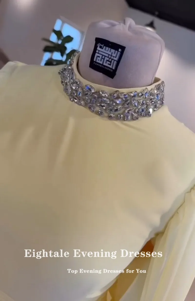 Eightale อาหรับชุดราตรีแขนยาวลูกปัดที่กําหนดเองชีฟองสีเหลืองพรหมงานแต่งงานชุด Abendkleider Hochzeit