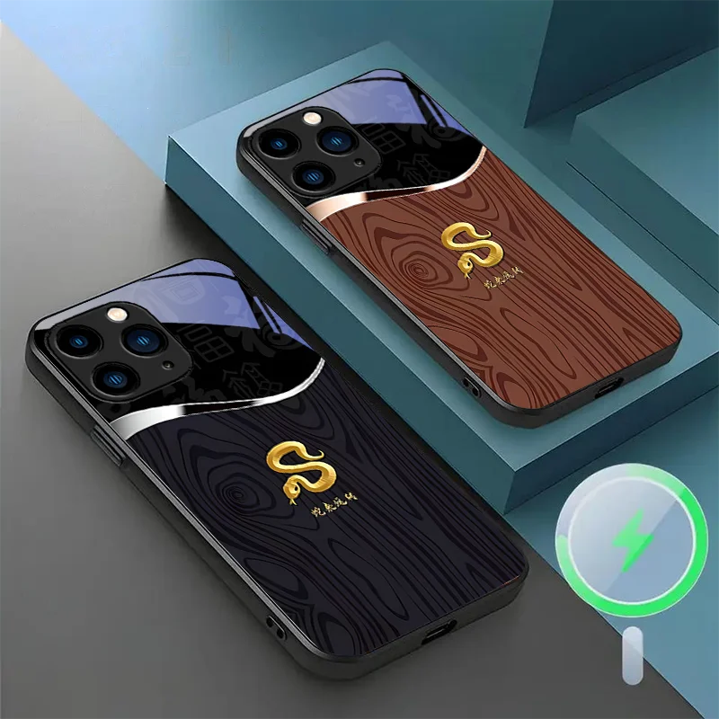 Для iPhone 12 Mini 14 Pro XS MAX 8 Plus 16 e 11 X XR 13 15 чехол для телефона из магнитного стекла со змеей для работы, защитный чехол с изображением