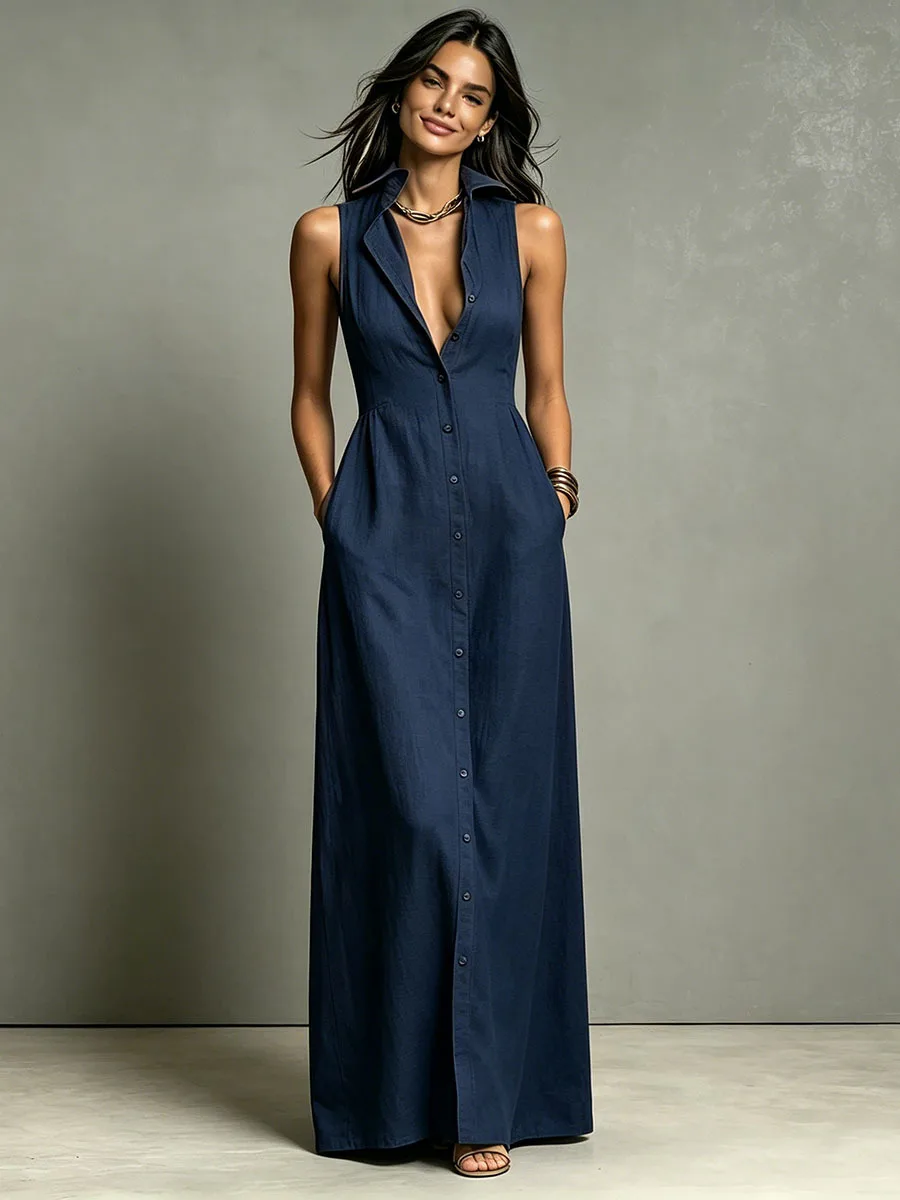 Modisches V-Ausschnitt Hemdkleid für Damen Neues Schlankes Einreihiges Ärmelloses Langes Kleid Sommerliches Casual Party-Kleid Vestidos