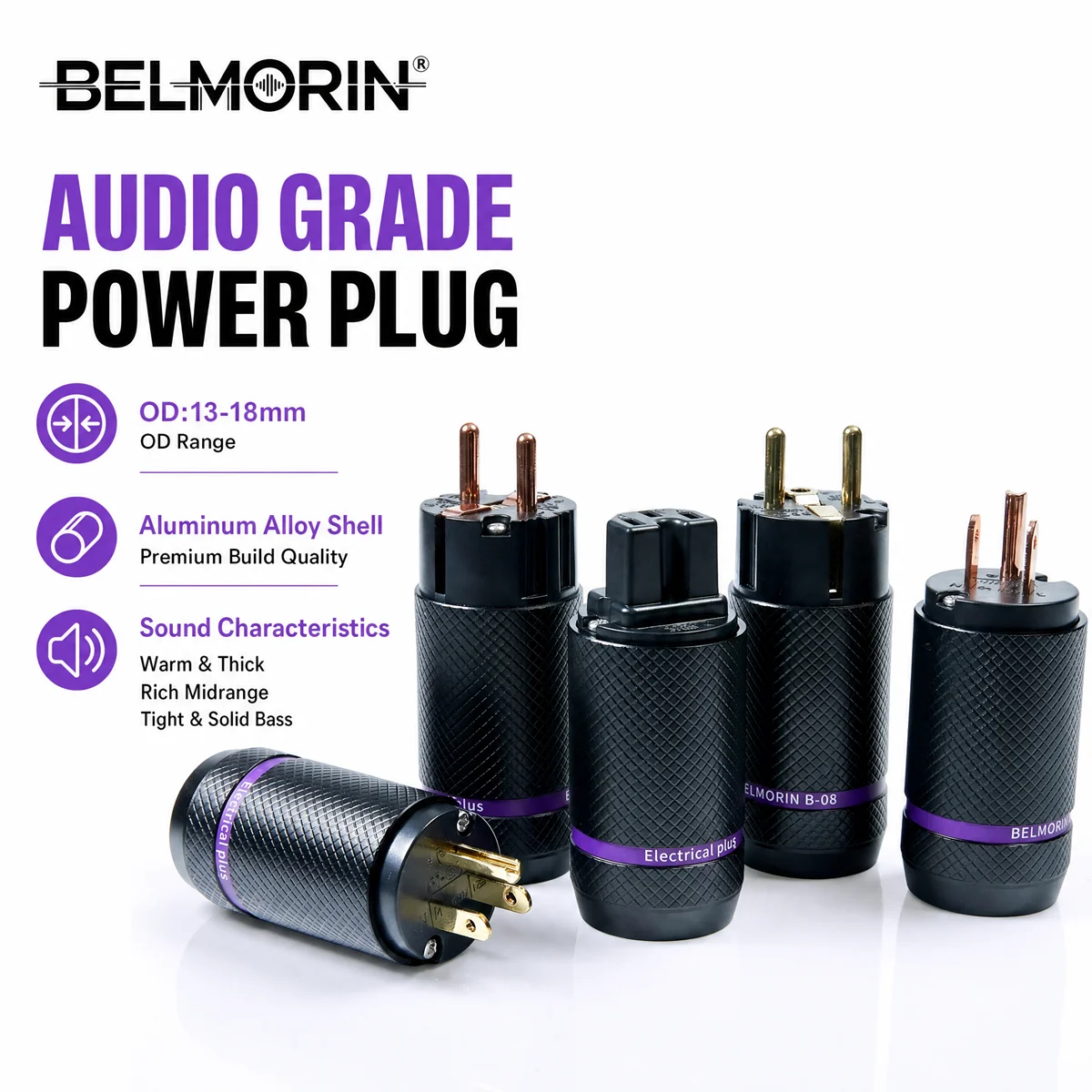 High-end BELMORIN B-08 Pure Red Copper HiFi Power Plug, EU Schuko / US Standard AC Mains Connector for Audiophile DIY Audio Powe