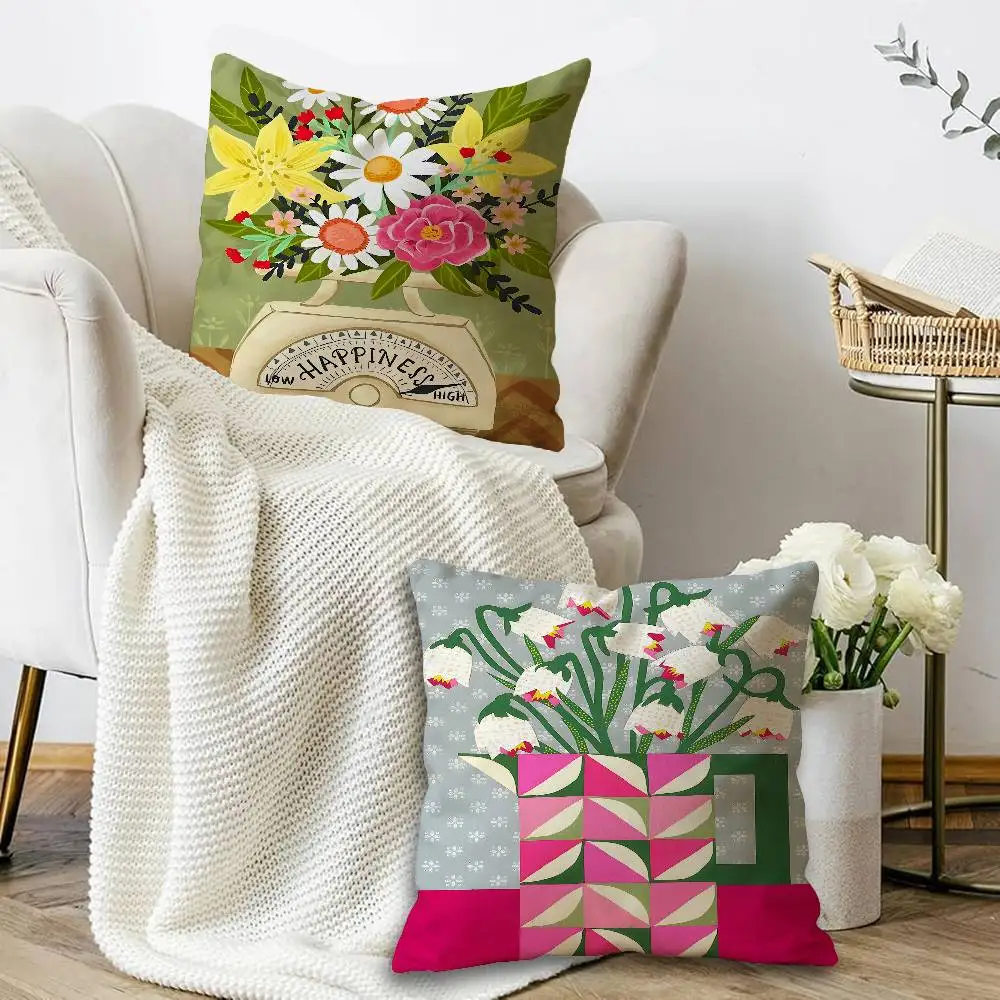 Pink Flower Market Vase Floral Plant Pillow Covers Sofa Decorative Home Double-sided Printing Short Plush Cute Cushion Cover