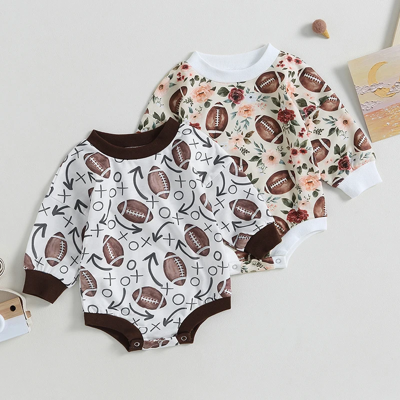 2023-06-04 Lioraitiin 0-18M Newborn Baby Boy Girl Fall Bodysuit Long Sleeve Round Neck Football Print Jumpsuit Casual Clothes