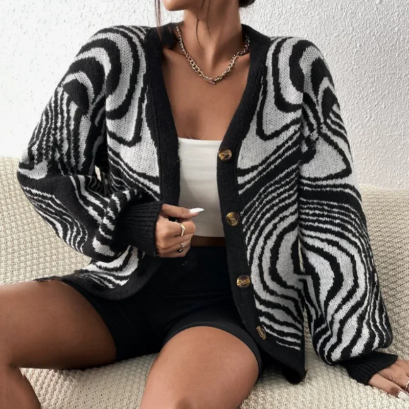 الخريف والشتاء زيبرا المشارب المألوف فضفاض الكتف قطرة شخصية سترة الخامس الرقبة أعلى الملابس النسائية