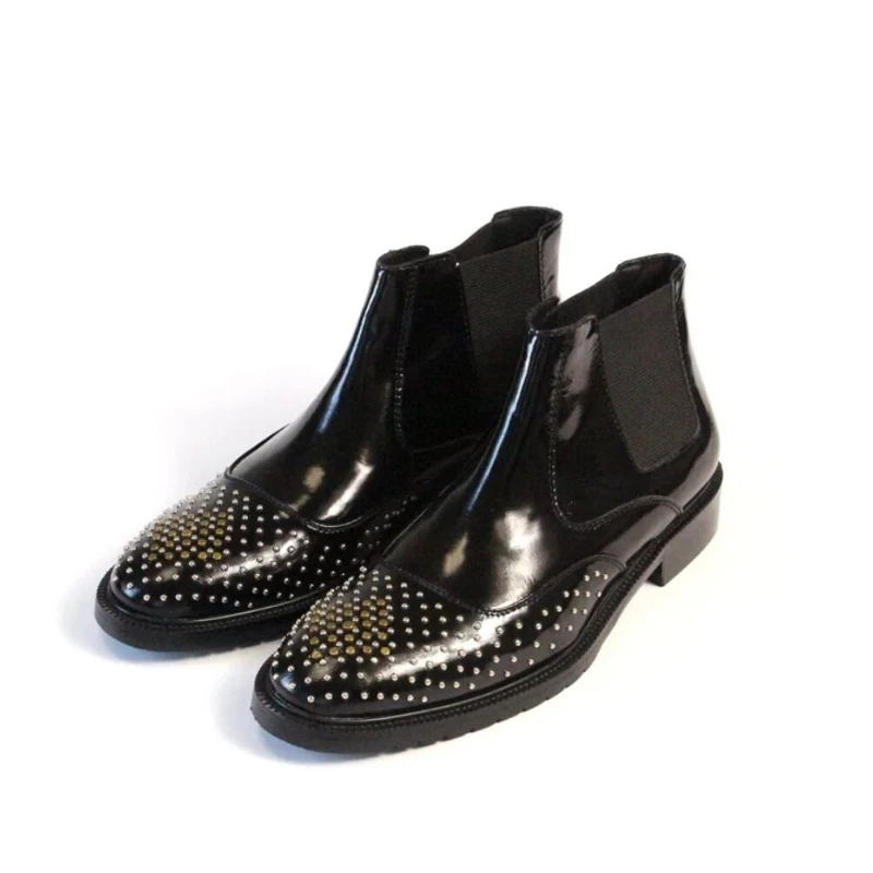 Men Black Genuine Leather Chelsea Ankle Boots Elastic Side Panel Metal Stud Rivet Slip‑On Punk Party Fashion Short Dress Boots