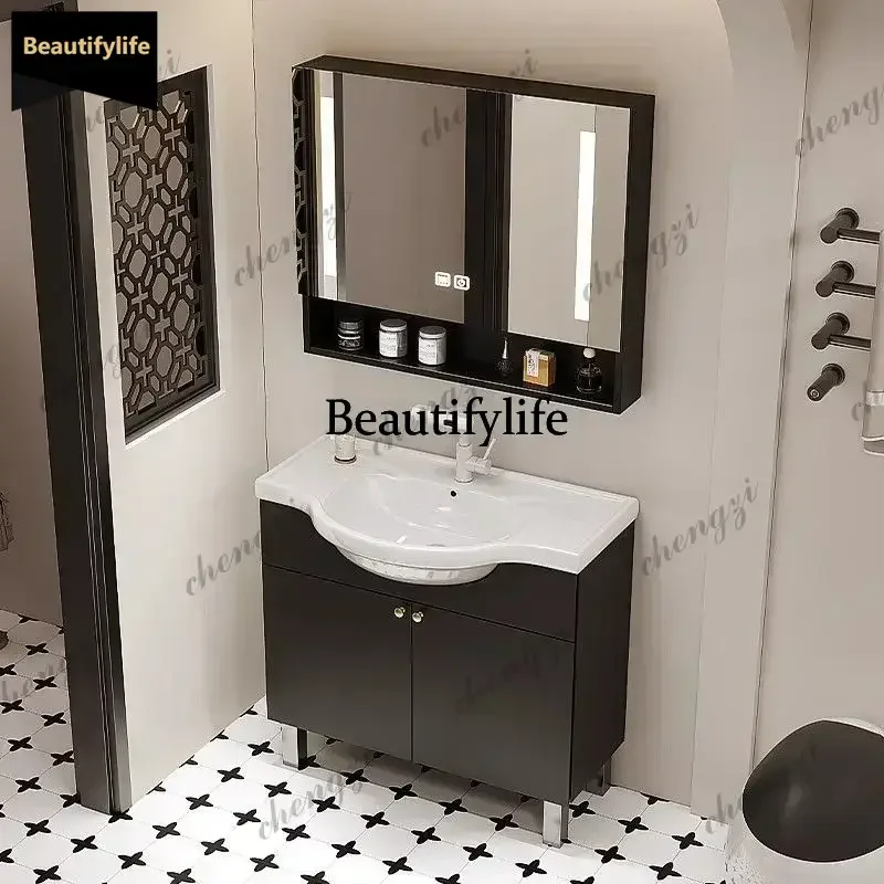Vintage French Narrow Edge Big Belly Ceramic Sink Floor Standing Washbasin Cabinet Combo for Small Space Balcony Bathroom b567
