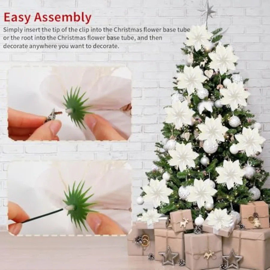 16 قطعة زهرة البونسيتة عيد الميلاد زينة الاصطناعي بريق البونسيتة البيضاء الحلي لشجرة عيد الميلاد إكليل حفل زفاف دي