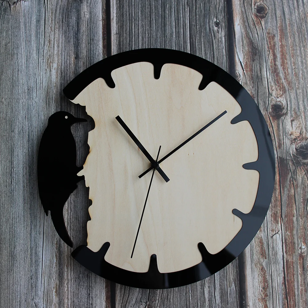 

Retro Wooden Wall Clock Round Shape Woodpecker Home Decor Art Clock Quiet Operated For Living Room Bedroom Office