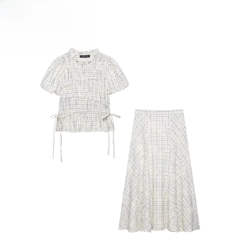 

Модный комплект с узлами: женский топ и юбка, весенний сезон, короткий рукав, клетчатый узор, комплект из двух предметов