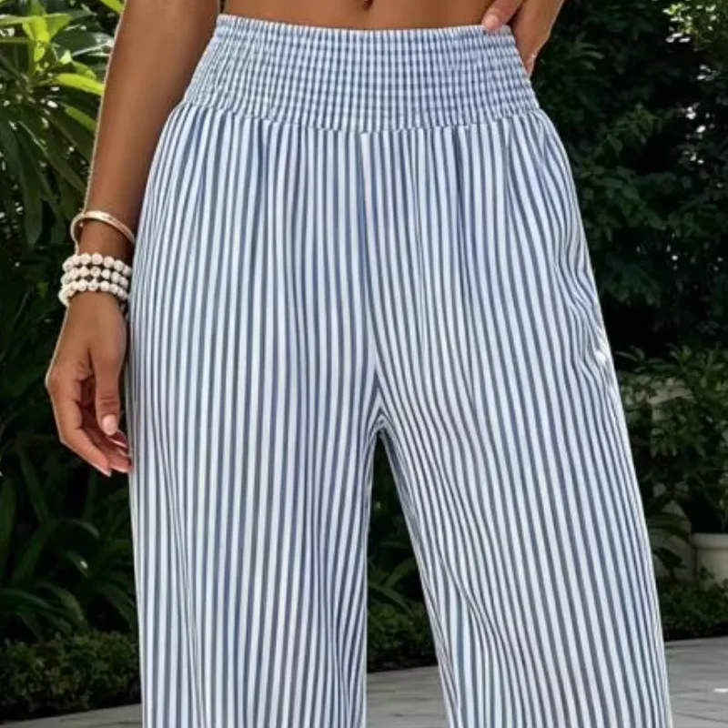 Women Striped Wide Leg Pants, Summer Elastic Waist Casual Trousers, Breathable Loose Fit Palazzo Pants Striped Summer Trousers