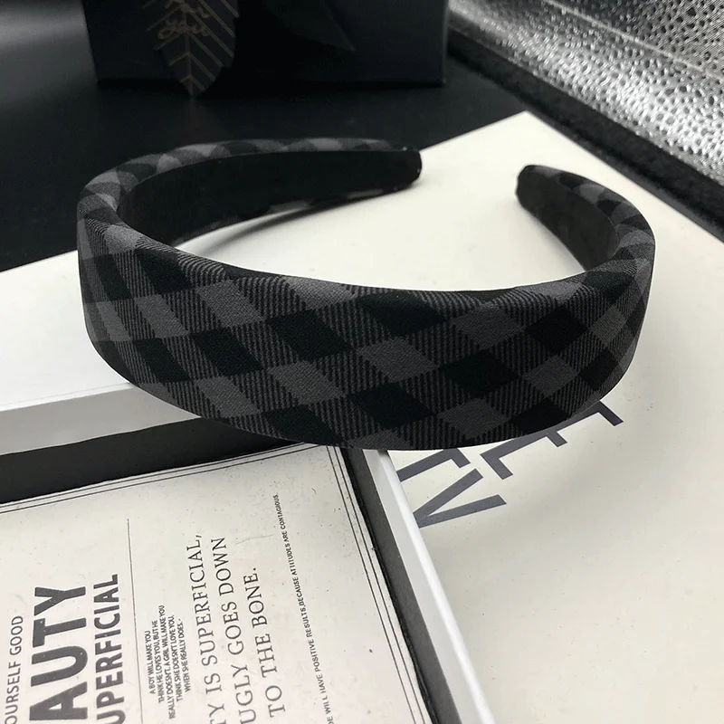 Retro Fashion Simple Checkered Hairband Women's High Headtop Sponge Hair Bundle Headpiece Outward Pressing Headband