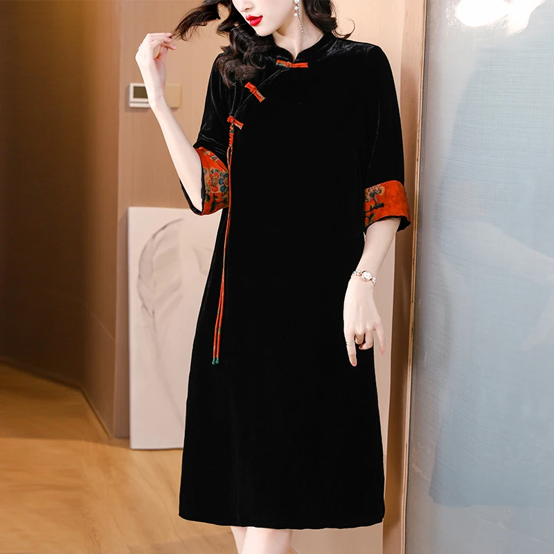 

2023 Autumn Vintage Floral Gold Velvet Midi Dress Winter Casual Print Dresses Women Elegant Bodycon Party Vestidos