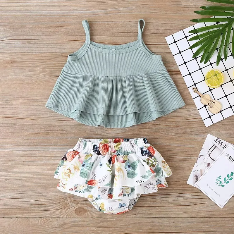 Summer Baby Girl 2pcs Clothes Set Tops+ Print Shorts Set For Infant Girls