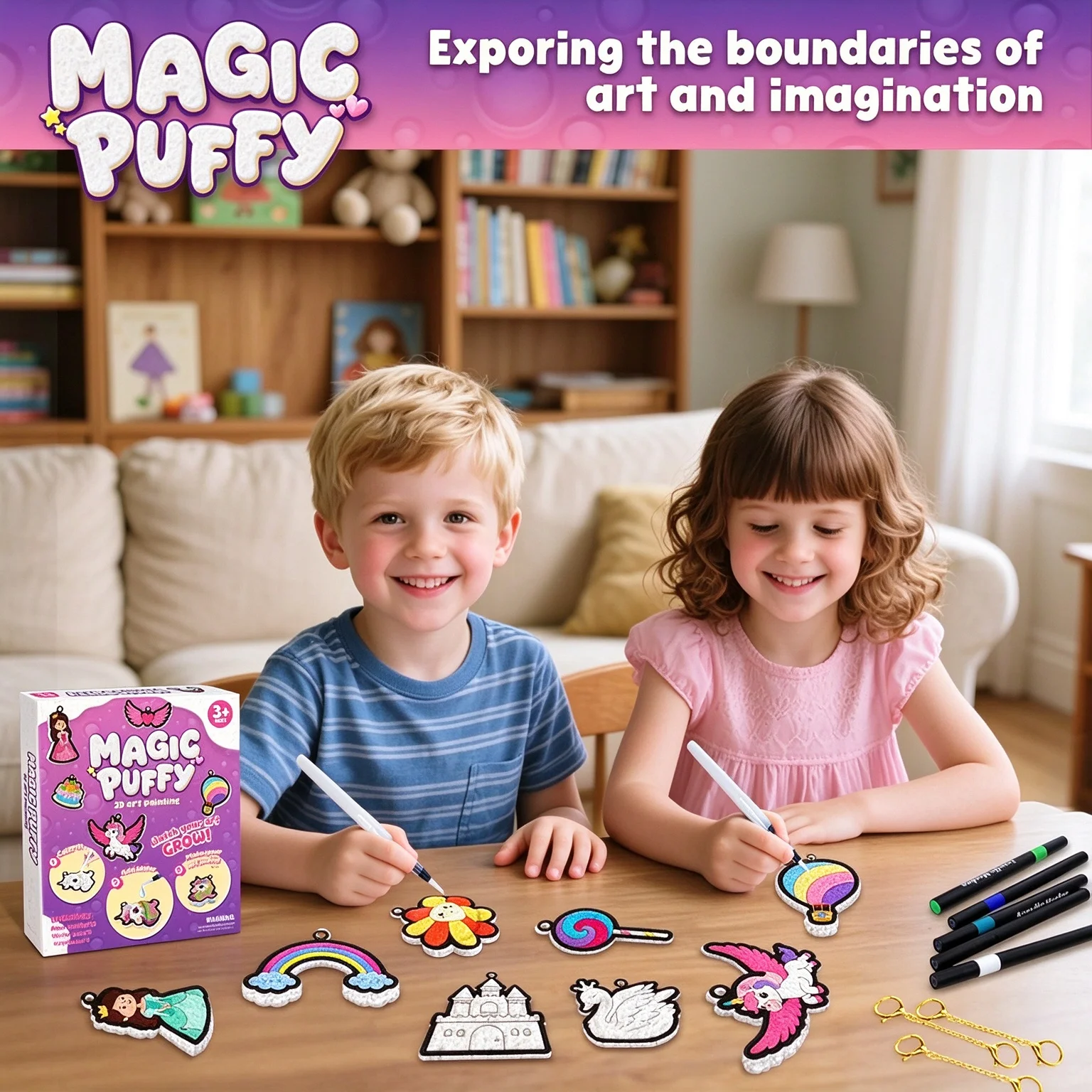 37Pcs Magic Puffy Paint Kit,3D DIY Craft Set,Princess Unicorn Foam Charms,Pens & Keychains,Kids Art Toy,birthday Gift Girls 3+