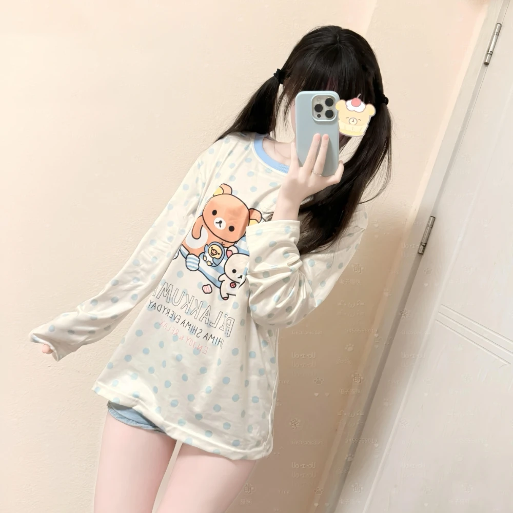 Camiseta de manga larga holgada con estampado de lunares y diseño de oso, estilo japonés, cómoda, para dormir o estar en casa...