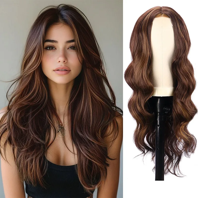 

European and American Style Small Lace Wig for Women, Brown Mixed Color, Middle Part, Big Waves, Long Curly Hair, Synthetic Fibe
