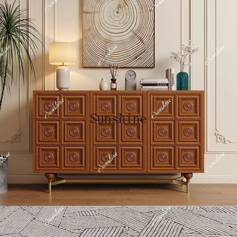 

Medieval solid wood dining side cabinet French retro living room wall storage old elm wood carving flower decorative cabinetYY