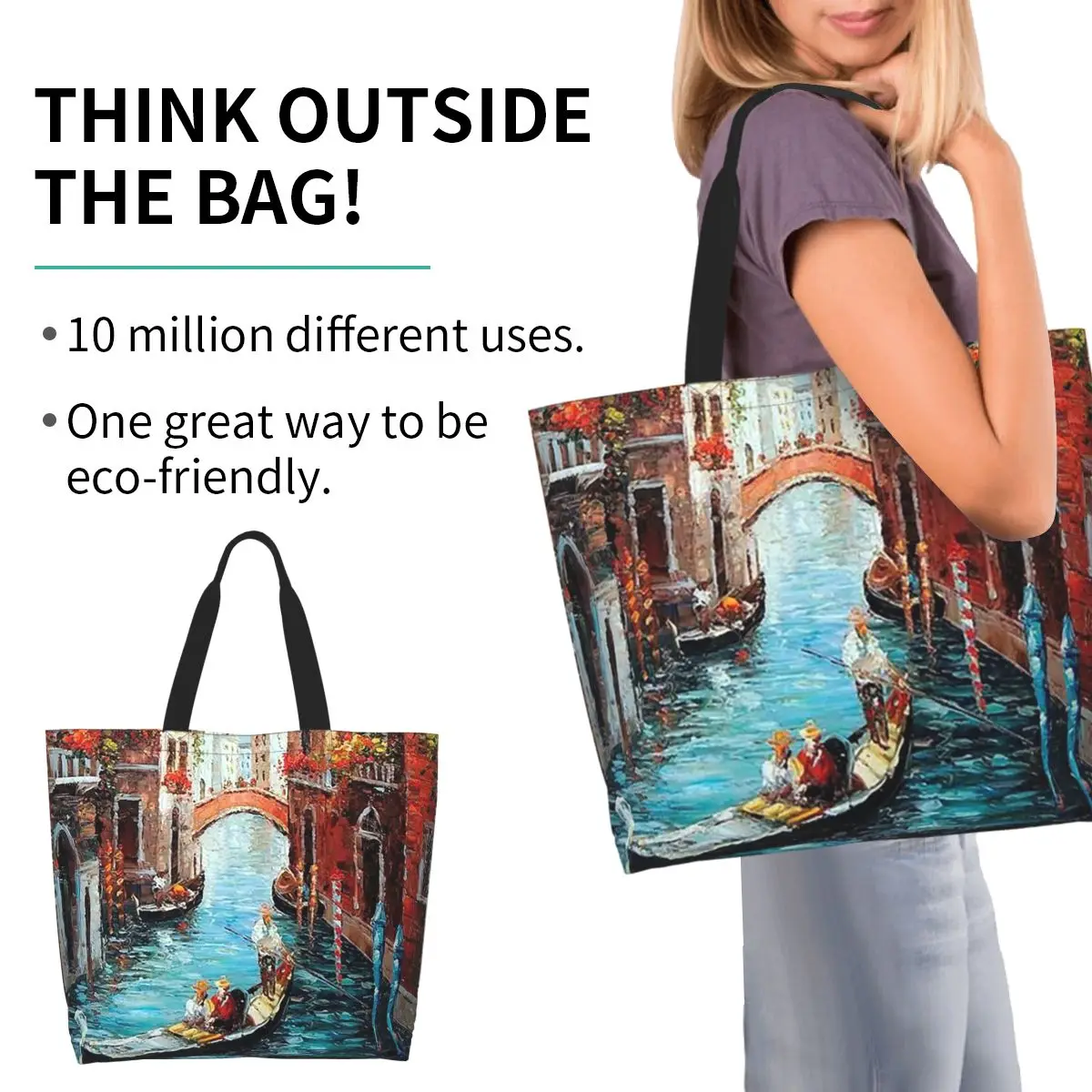 Romantic Venice Painting Style Shopping Tote Bag Canvas Large Capacity Shoulder Bags Shopper Grocery Handbag for Women