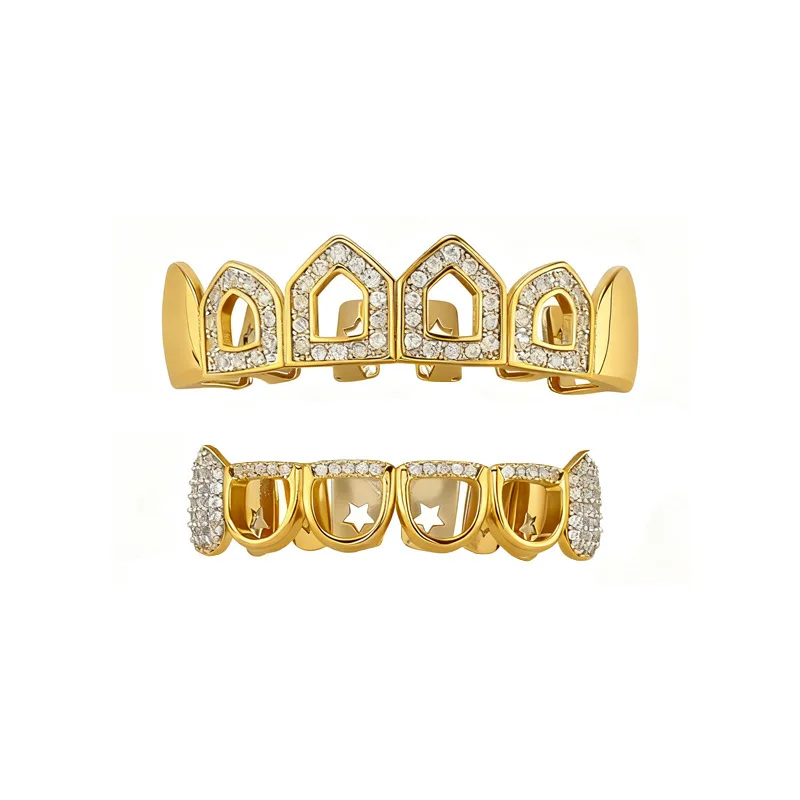 Iced Out Grillz Teeth Jewelry Hollow Arch Design CZ Zircon Tooth Cover Upper Lower Set Hip Hop Mouth Accessories Streetwear