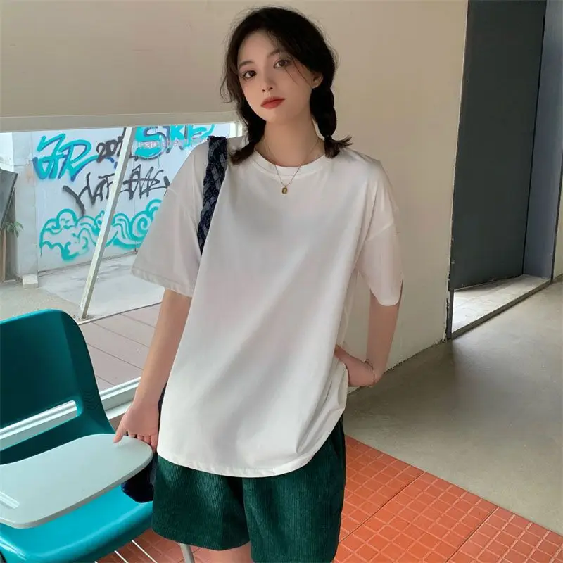 

Women Short Sleeved T-shirt 100% Pure Cotton Loose and Versatile White Solid Color Ins Top Instagram Super Hot Summer New