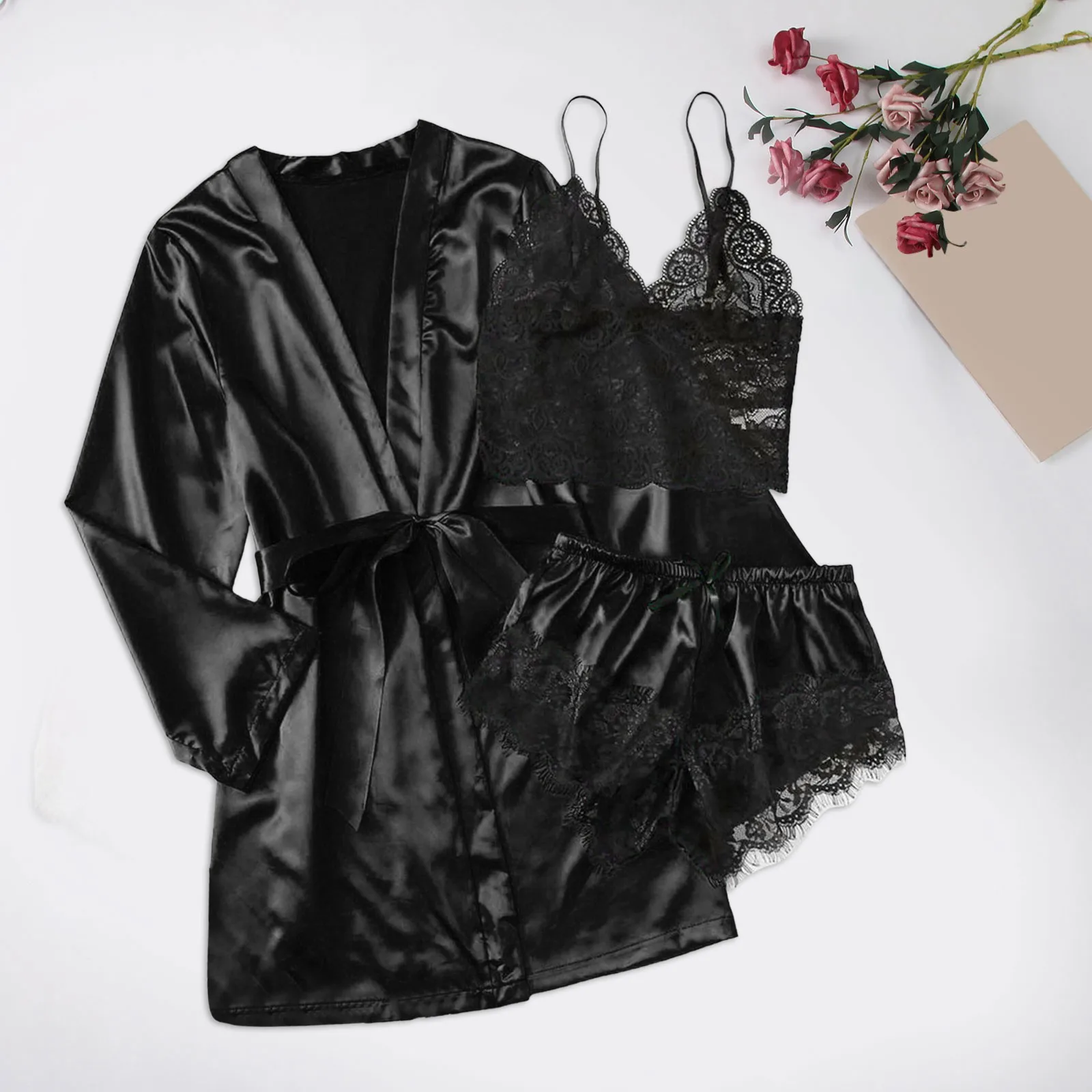 Women Sexy Silk Satin Pajamas Set 3-Piece Sleepwear Underwear Sets Suspender Tops Shorts Robe Nightgown Summer Homewear Bathrobe