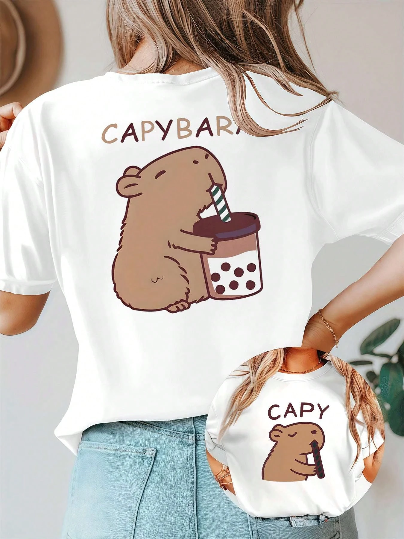 

Женская футболка с милым узором, морская свинка, чай с молоком, лето 2026, женская одежда, уличный повседневный топ с короткими рукавами, универсальный стиль