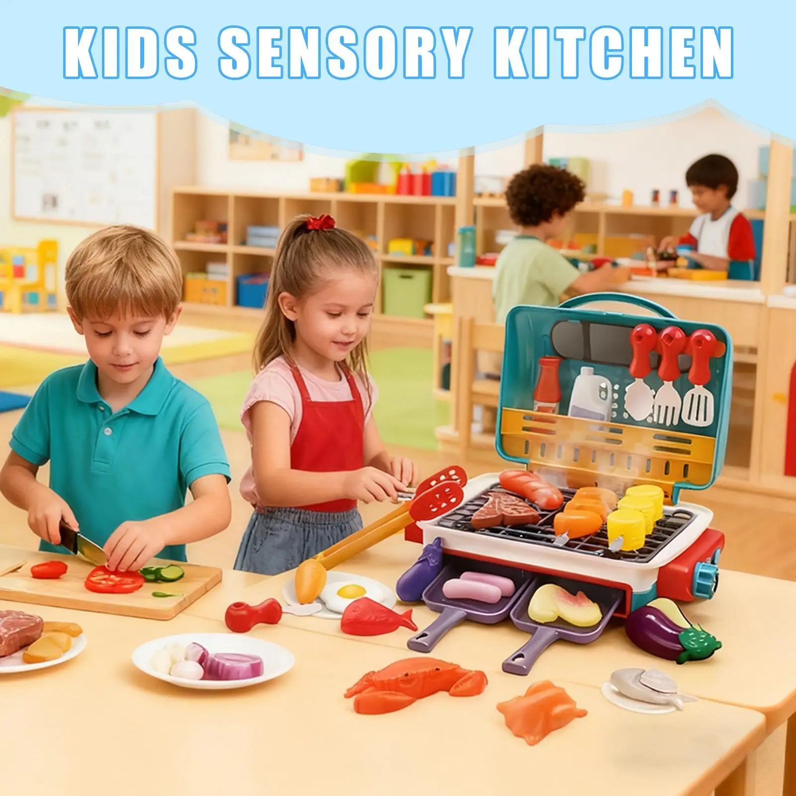 NEUES Kinder-BBQ-Grill-Spielset mit Ton und Licht, sensorisches vorgetäuschtes Grillspielzeug für Kleinkinder, Jungen, Mädchen, Kinder