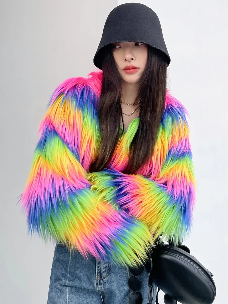 Rainbow Striped Streetwear Faux Fur Coat Women Imitation Goat Wool Luxury Furry Jacket Top Club 2023 Autumn Winter New Clothes