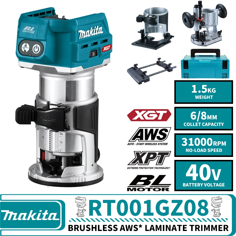 Makita 40V Rechargeable Trimming Machine RT001G Multi-function Slotting Tool Carving Machine Woodworking Tool RT001GZ08