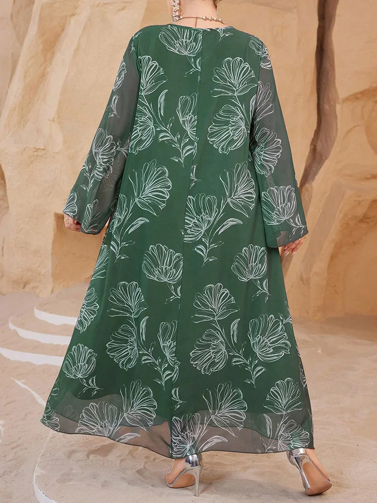 GIBSIE Plus Size Contrast Lace V-Neck Long Sleeve Chiffon Dress Women Spring Summer Print Casual Loose Maxi Dress 2026 New