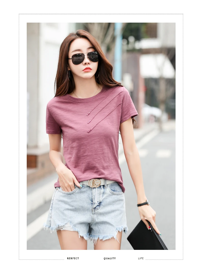 AOSSVIAO 2026 Summer Solid Color Women's T-Shirts Slub Cotton O-Neck Short Sleeve T-Shirt Loose Casual Simple Button Basic Top
